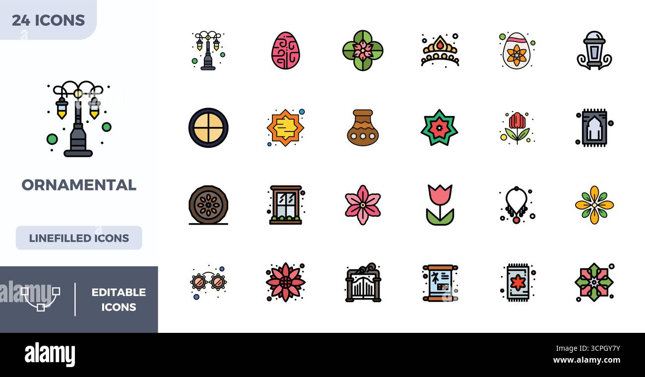 Zeitgenössische Sammlung von 24 Vektorsymbolen, die Ornamental in flacher Linealer Farbe darstellen, mit 128x128 PIXEL perfekter Auflösung für den Modus Stock Vektor