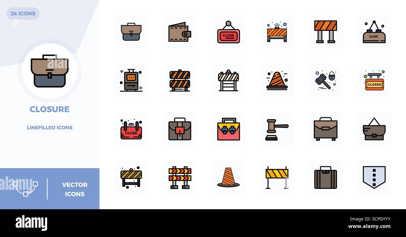 Kunstvoll gestaltete 24 ZeilenFilled PIXEL Perfect Vektorsymbole zum Schließen, geliefert im Format 128x128 für konsistente visuelle Exzellenz. Stock Vektor