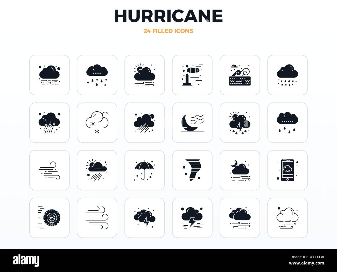 Komplettes Paket mit 24 Vektorsymbolen rund um Hurricane, das SolidFill Design in 128x128 PIXEL perfekter Qualität für moderne Schnittstellen zeigt. Stock Vektor