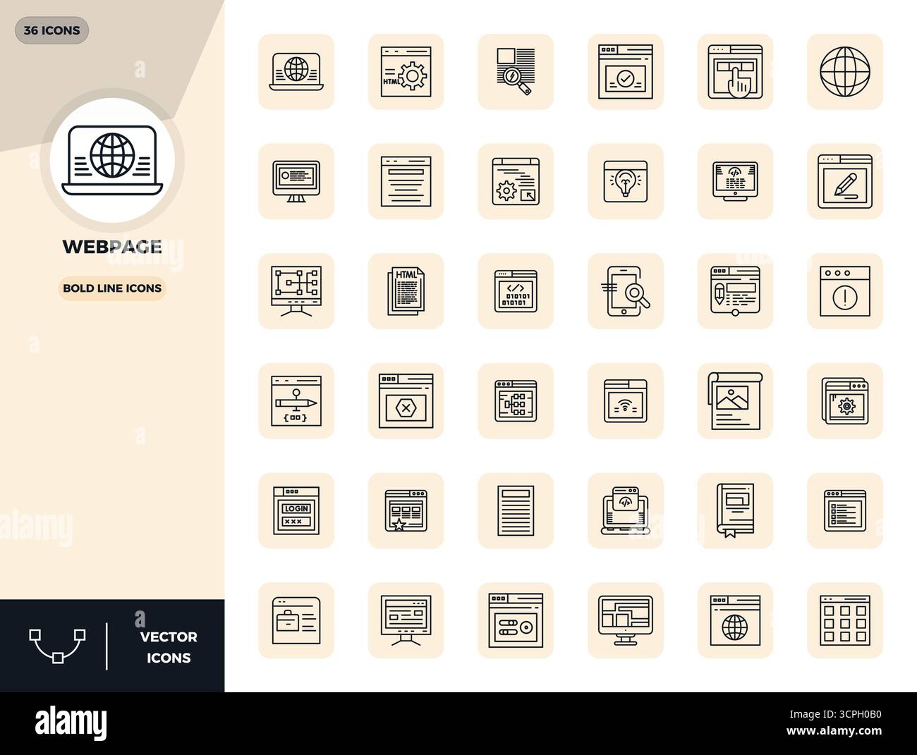 Unverzichtbares Paket mit 36 PIXEL Perfect Vektor-Symbolen für Webseiten im Format Bold Line, Größe 128x128 für optimale Leistung und Skalierbarkeit. Stock Vektor