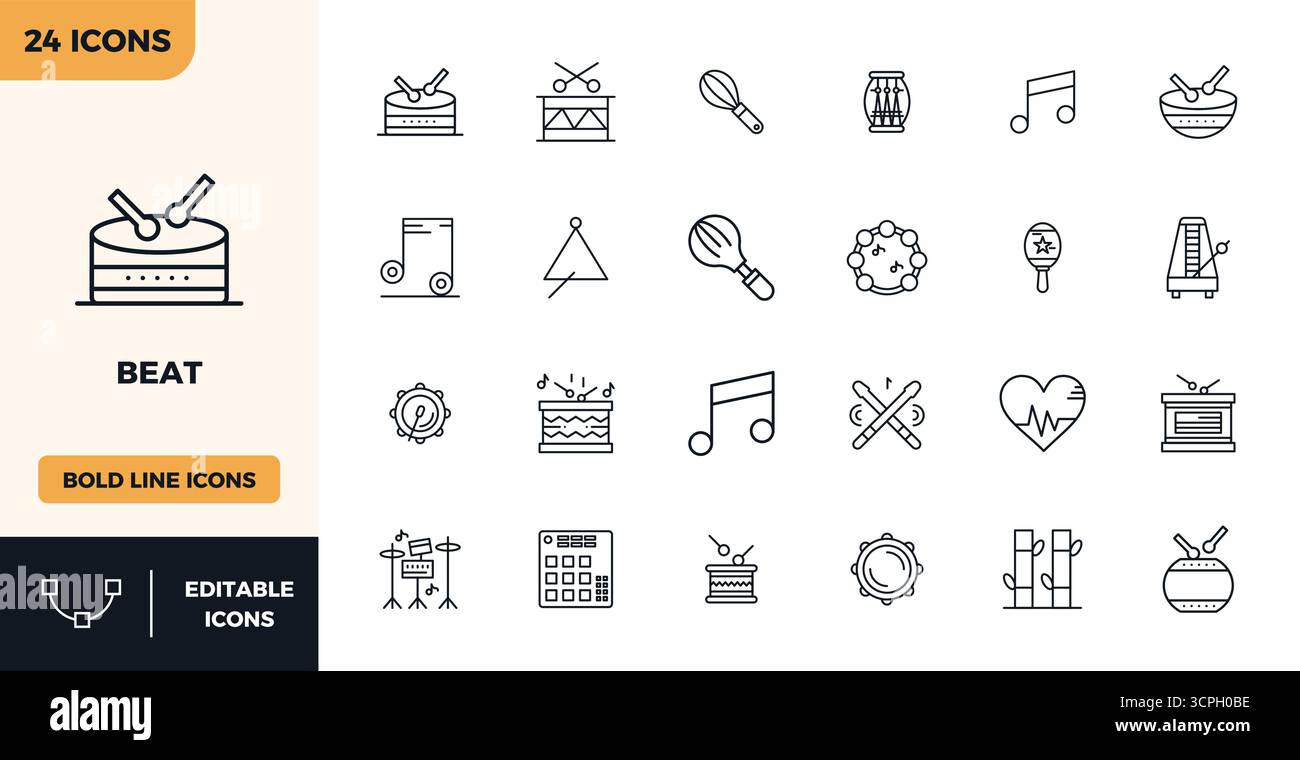 Entdecken Sie ein Set von 24 Heavy Line Vektor-Ikonen, die speziell für das Beat-Thema entwickelt wurden. Die Designs mit 128x128 PIXELN sind perfekt für moderne UI/UX-Projekte geeignet. Stock Vektor