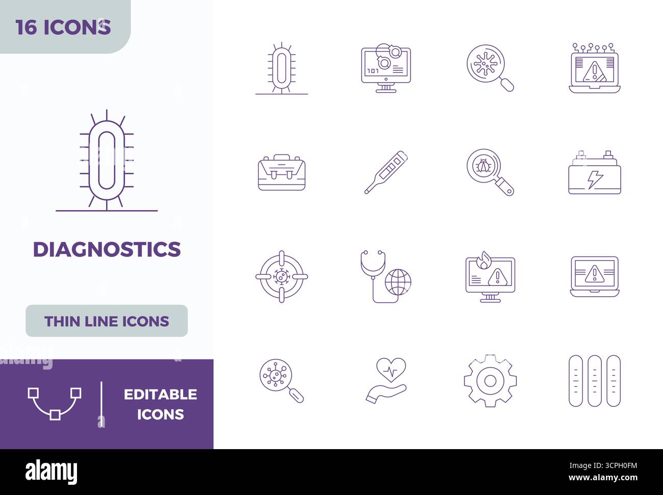 Umfassendes Paket mit 16 Vektorsymbolen im Minimal Line-Design für die Diagnose, in gestochen scharfer Qualität mit 128x128 PIXELN. Stock Vektor
