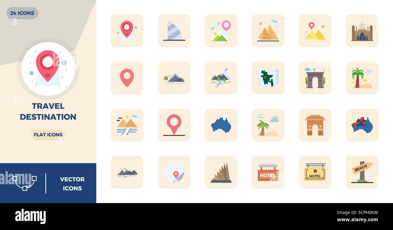 Hochwertige Sammlung von 24 flachen Vektorsymbolen für Reiseziele, akribisch gefertigt in einer perfekten Auflösung von 128x128 PIXELN für überragende visuelle Wirkung Stock Vektor