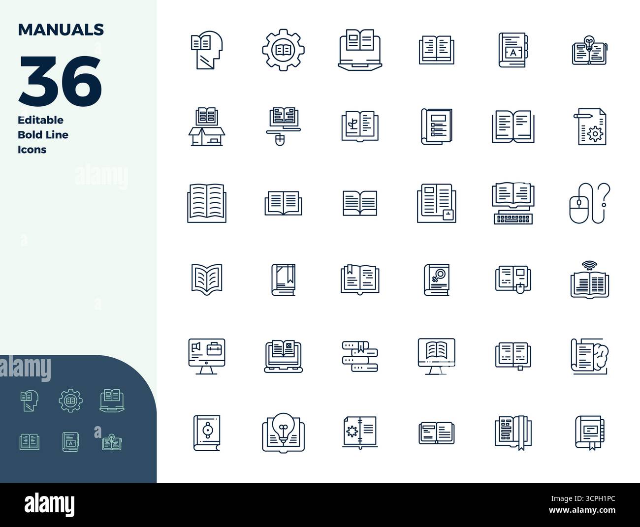 Verwandeln Sie Ihre Designs mit 36 Bold Line Vektor-Symbolen rund um Handbücher, die in einer perfekten Auflösung von 128x128 PIXELN für maximale Klarheit entwickelt wurden. Stock Vektor