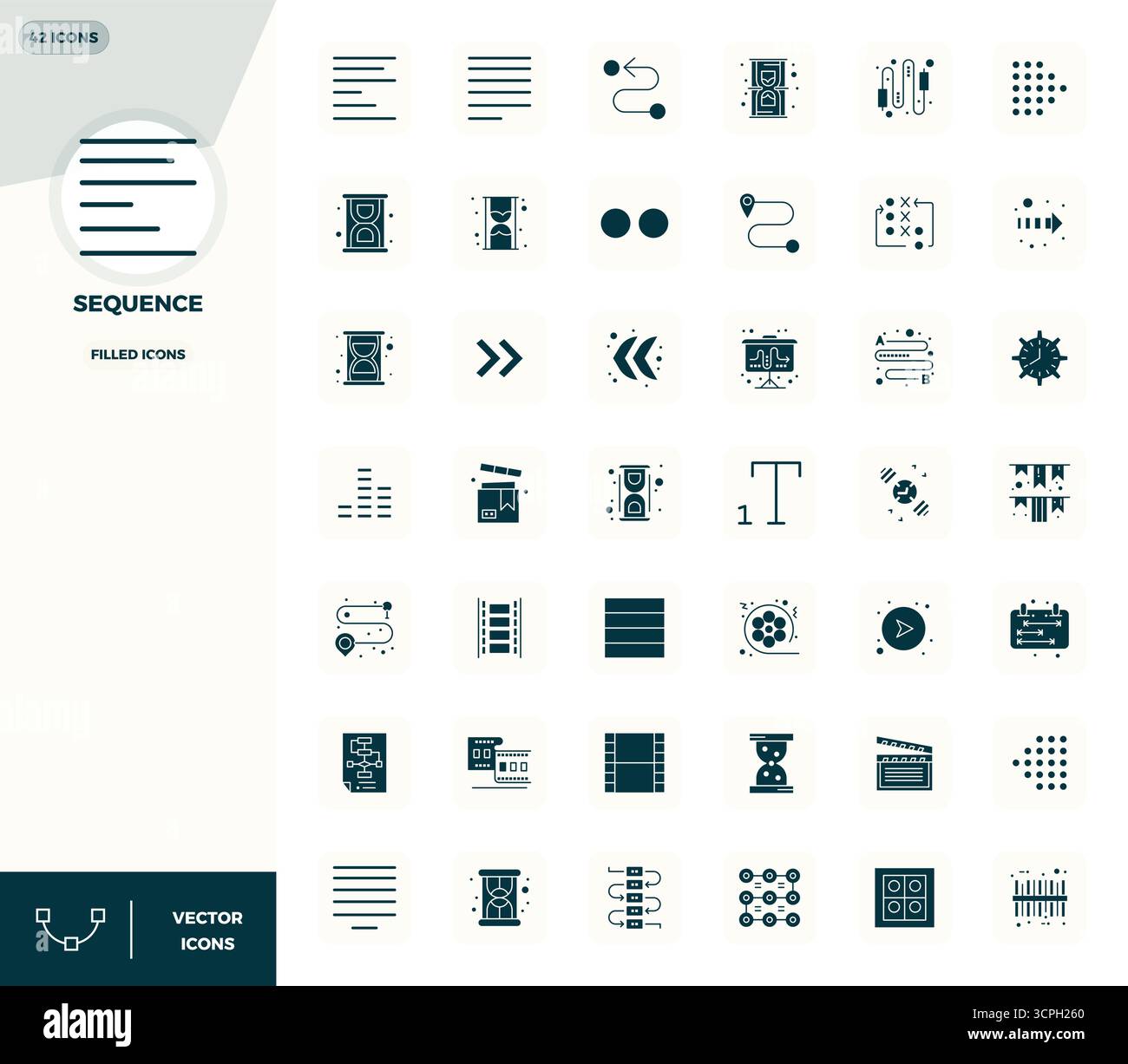 Ausgeklügeltes Paket mit 42 gefüllten Vektorsymbolen für Sequence, entwickelt mit 128x128 PIXELN perfekte Klarheit für professionelle Anwendungen. Stock Vektor