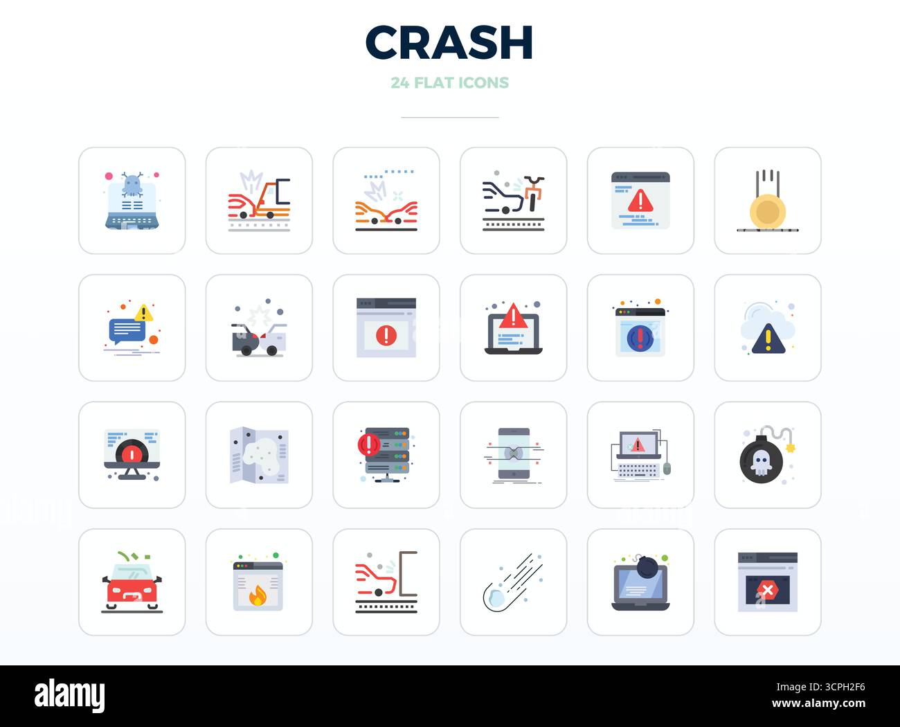 Eine übersichtliche Sammlung von 24 minimalen flachen Vektorsymbolen, die Crash darstellen, im perfekten Format mit 128x128 PIXELN für moderne Dashboards und Schnittstellen. Stock Vektor