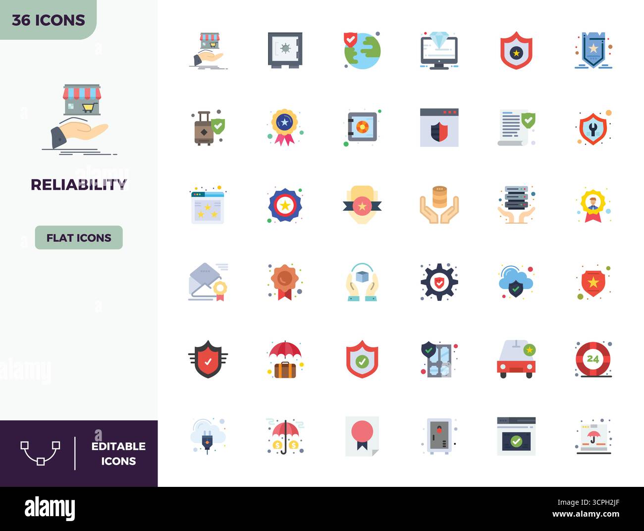 Verwandeln Sie Ihre Designs mit 36 Flat Color Vektor-Symbolen, die auf Zuverlässigkeit ausgerichtet sind, in einer perfekten Auflösung von 128x128 PIXELN für maximale Klarheit. Stock Vektor