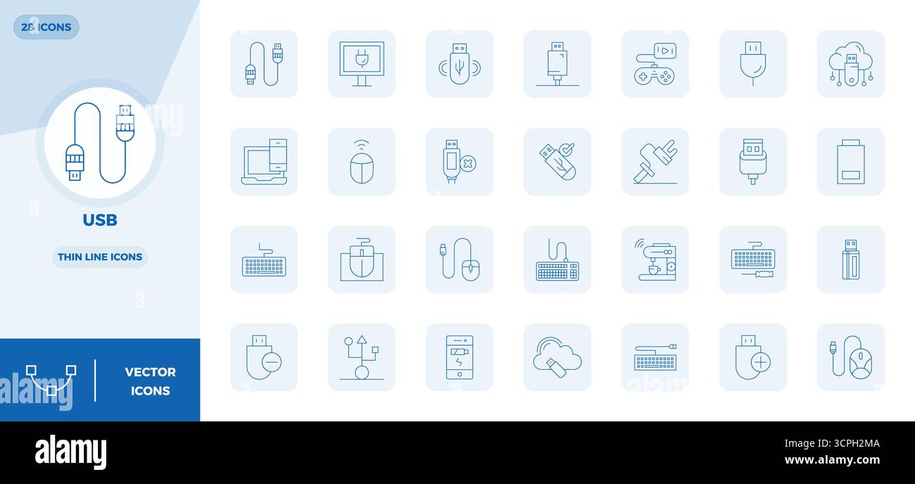 Hochmodernes Bundle mit 28 PIXELN Perfect Vektorsymbolen, inspiriert von USB, erstellt im Thin Line-Format bei 128x128 für Schnittstellen der nächsten Generation Stock Vektor