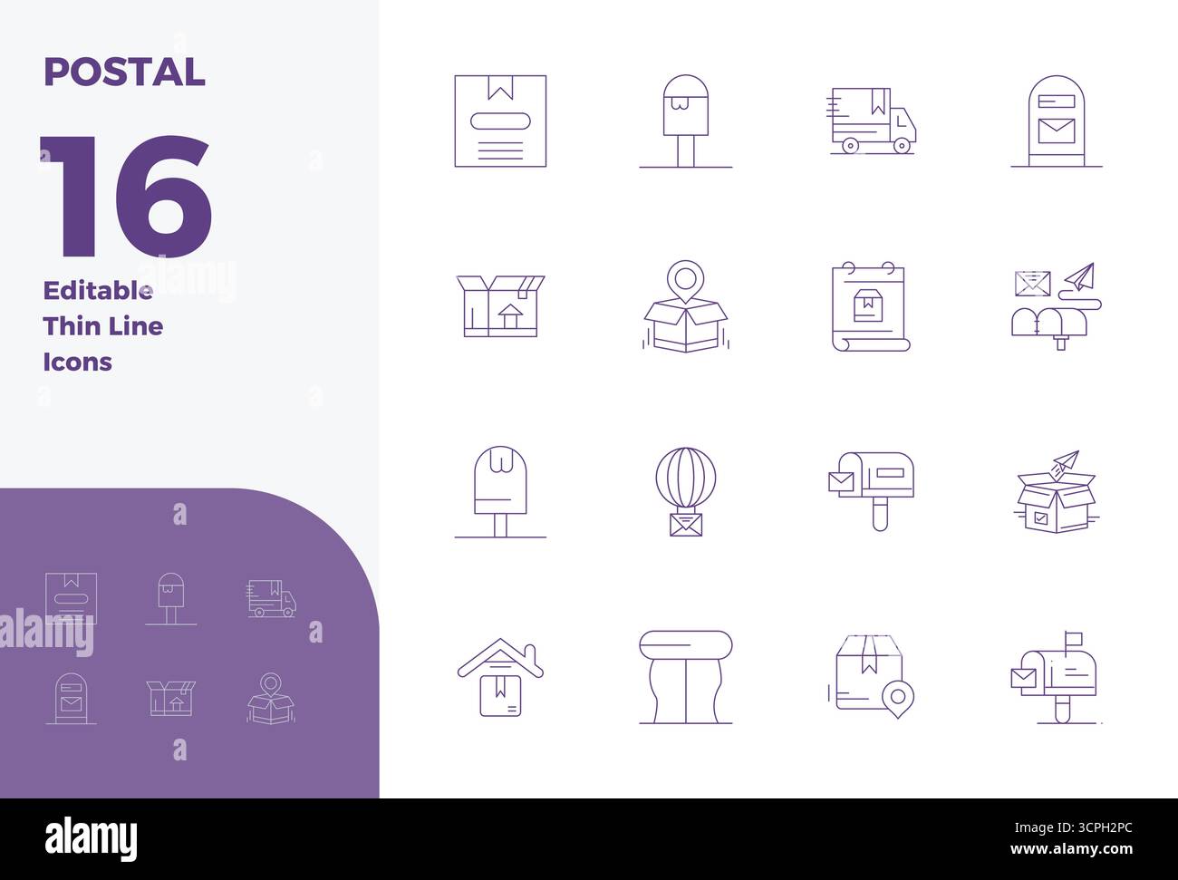 Exklusive Sammlung von 16 Thin Line Vektorsymbolen für Postal, entwickelt mit einer perfekten Auflösung von 128x128 PIXELN für erstklassige Markenerlebnisse. Stock Vektor