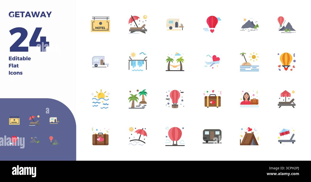 Sorgfältig gefertigte 24 flache Vektorsymbole für Getaway, in perfekter Qualität mit 128x128 PIXELN für kompromisslose Designstandards. Stock Vektor