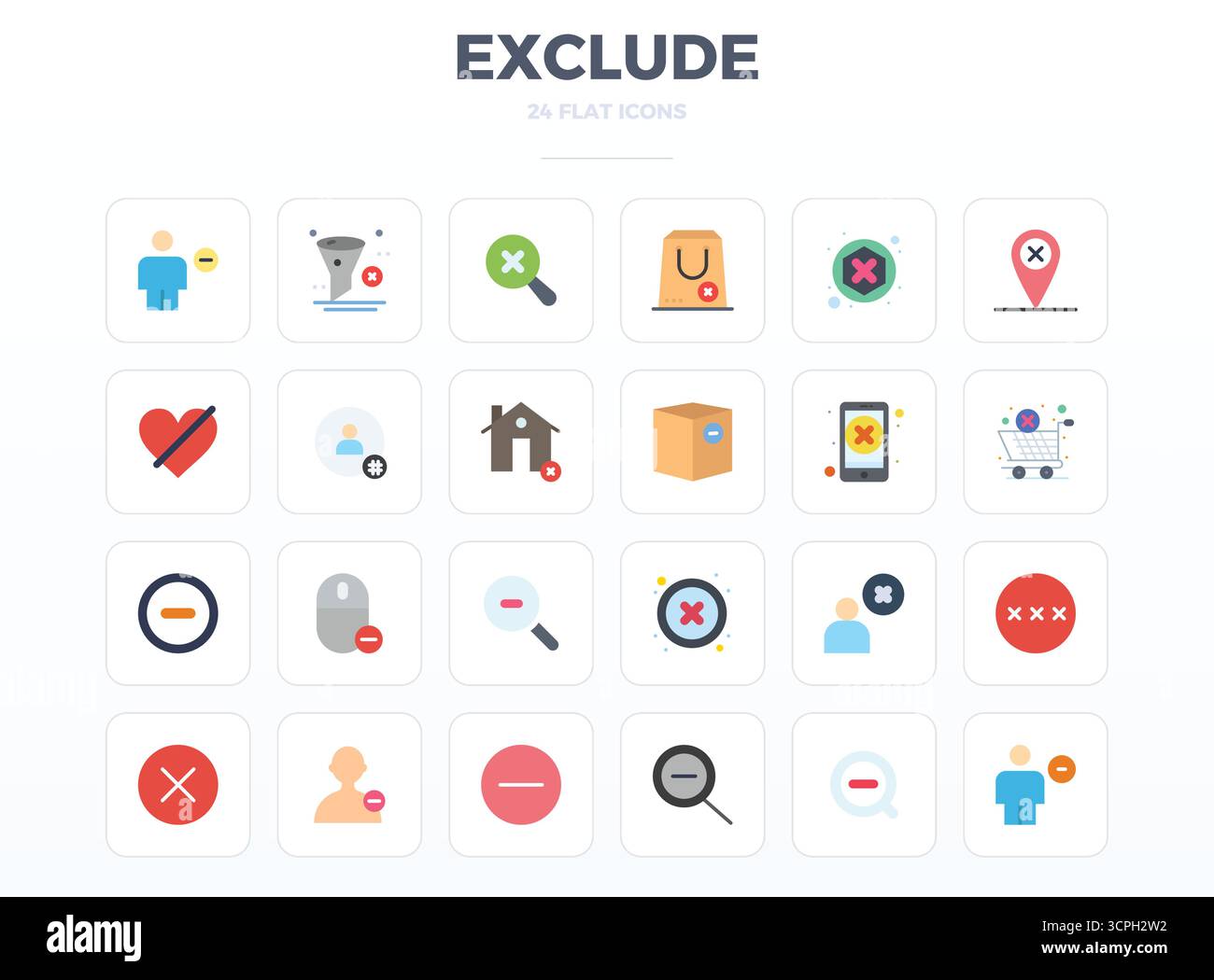Branchenführende Packung mit 24 Perfect Vektorsymbolen mit minimalen flachen PIXELN für Exclude, Größe 128x128 für optimales Rendering und hervorragende Benutzeroberflächen. Stock Vektor