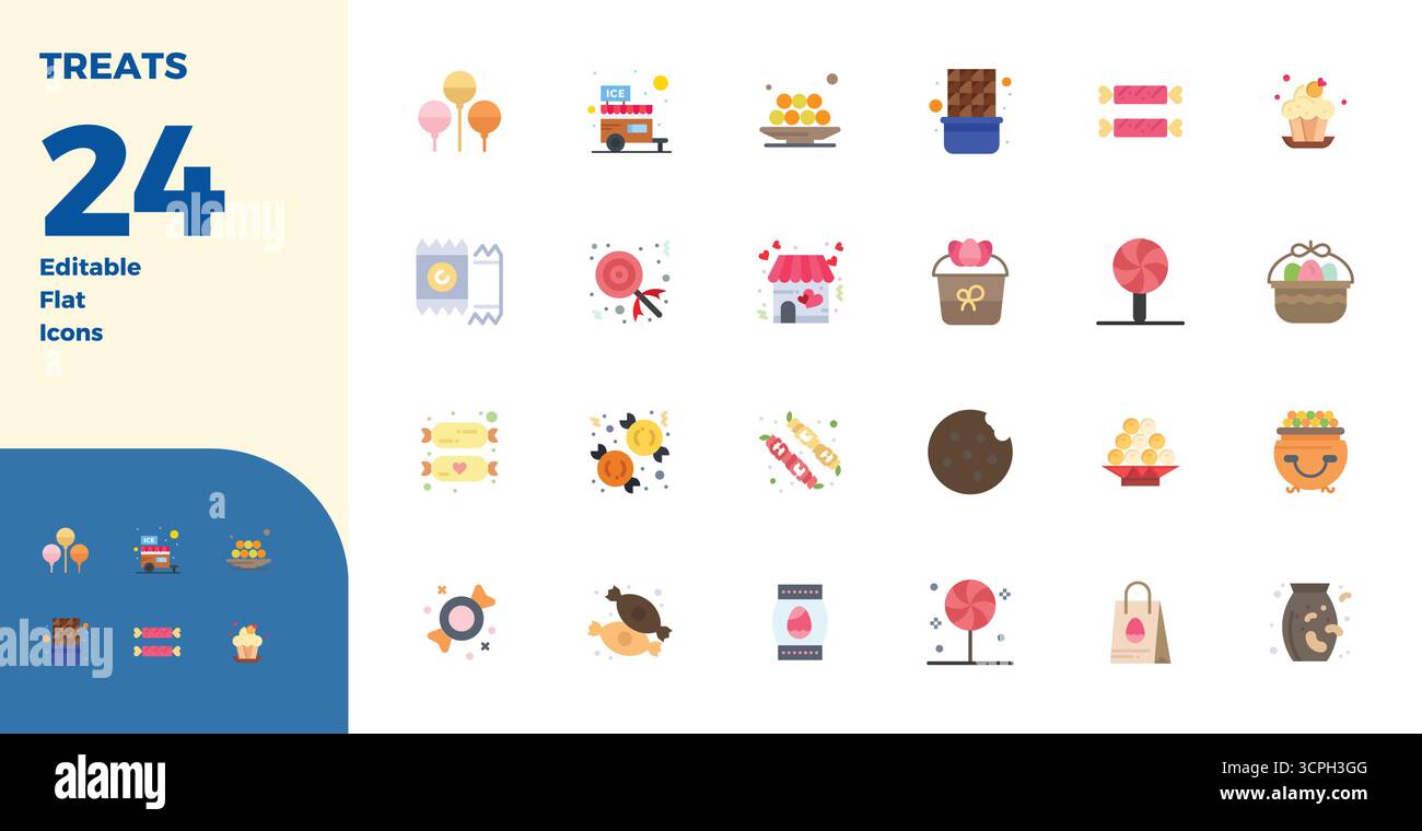 Sorgfältig gefertigte 24 flache Vektorsymbole für Leckereien, in perfekter Qualität mit 128x128 PIXELN für kompromisslose Designstandards. Stock Vektor