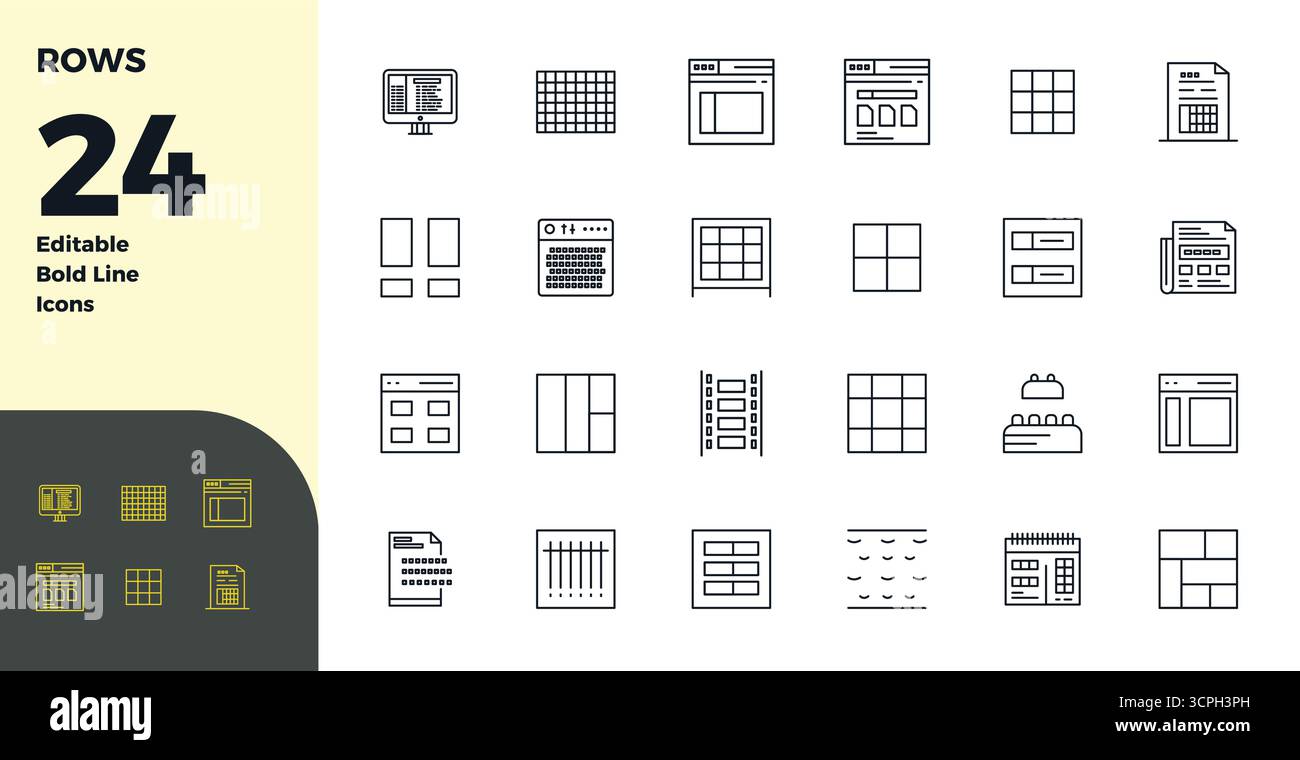 Dieser Satz von 24 Vektorsymbolen mit fettgedruckten Linien erfasst Zeilendesigns in 128x128 PIXEL perfekter Qualität, perfekt für Technologie- und Geschäftsanwendungen. Stock Vektor