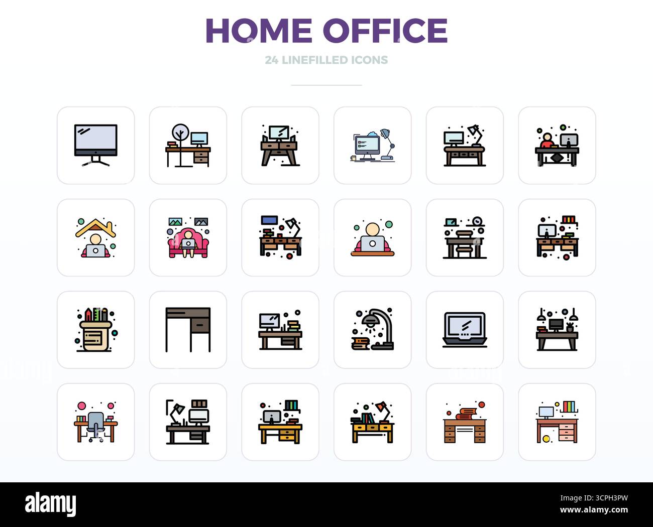Optimieren Sie Ihre Projekte mit 24 LineFill-Vektorsymbolen rund um das Home Office mit einer perfekten Auflösung von 128x128 PIXELN, ideal für saubere und professionelle Zwecke Stock Vektor