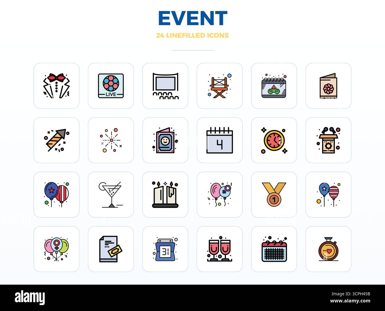 Raffiniertes Paket mit 24 LineFill-Vektorsymbolen für Event, optimiert mit 128x128 PIXELN perfekte Qualität für elegante und funktionale Designlösungen. Stock Vektor