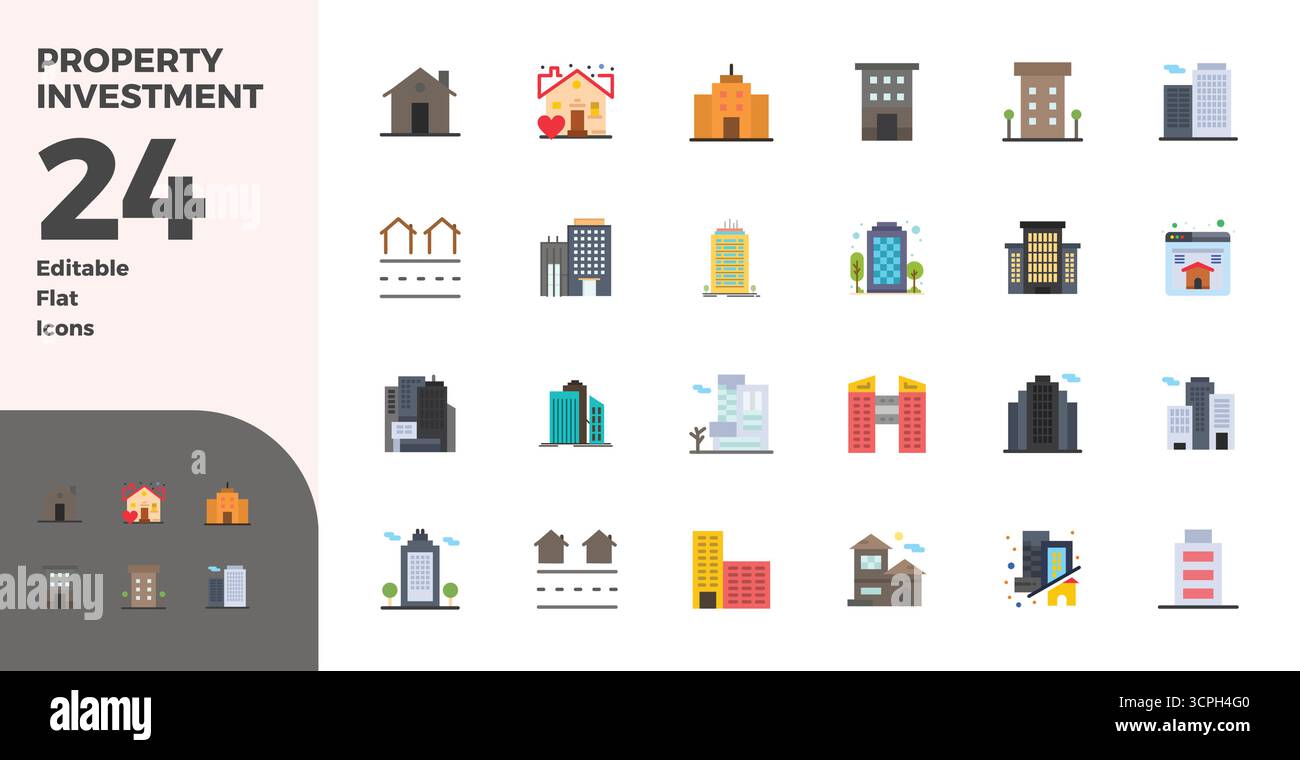 Umfassendes Toolkit mit 24 Vektorsymbolen rund um Immobilieninvestitionen, entwickelt in Flat mit 128x128 PIXELN perfekter Präzision für vielseitige Desig Stock Vektor
