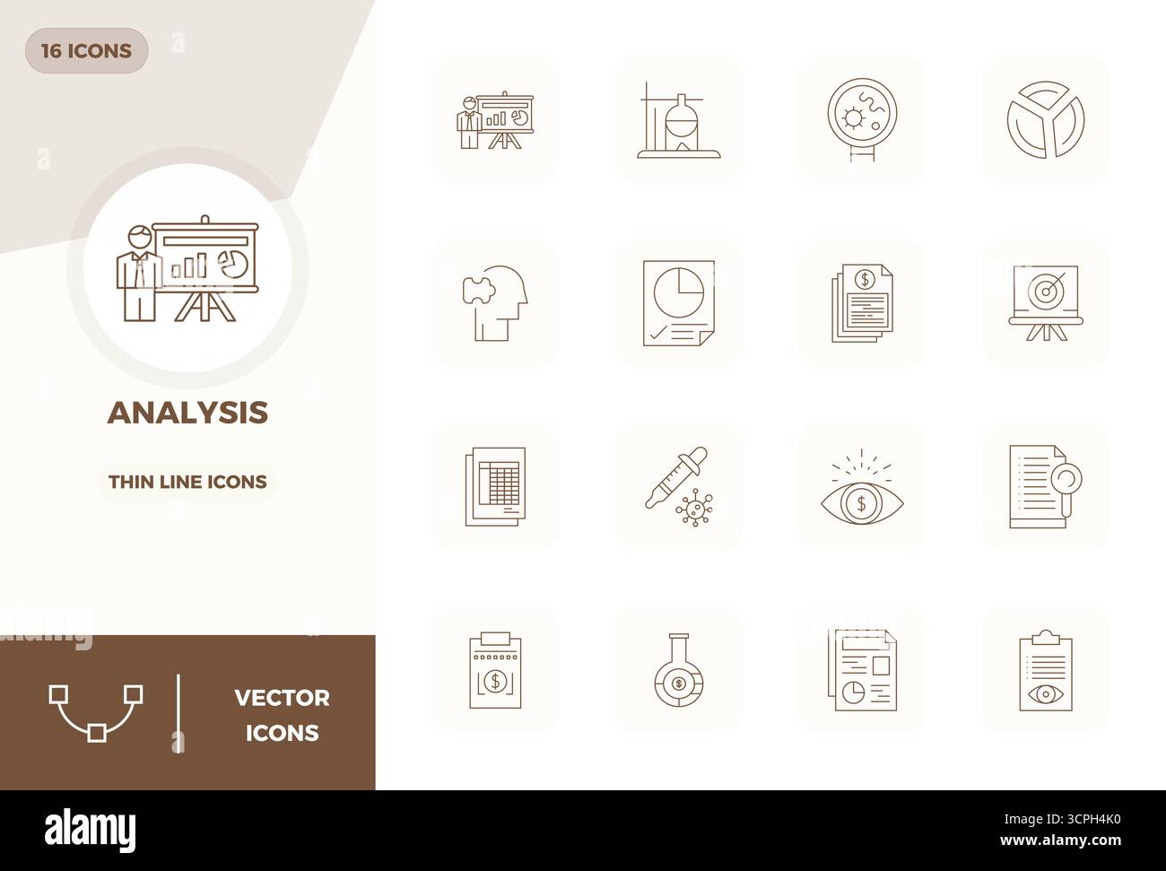 Umfassendes Paket mit 16 Vektorsymbolen im Thin Line-Design für die Analyse, in gestochen scharfer Qualität mit 128x128 PIXELN. Stock Vektor