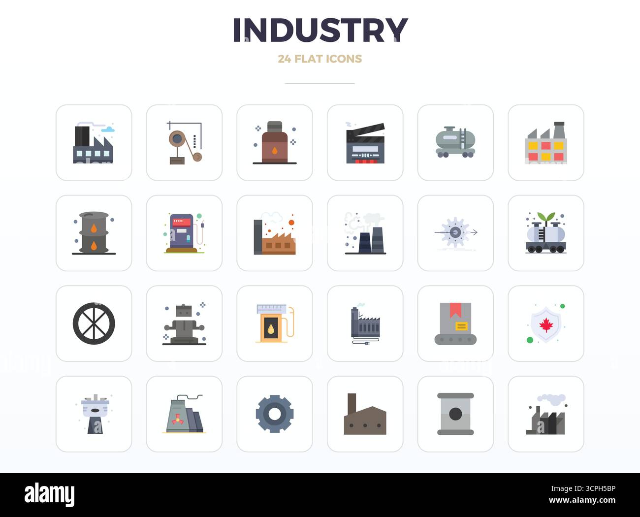 Ein vielseitiger Satz von 24 Perfect Vektorsymbolen mit minimalen flachen PIXELN, die sich auf die Industrie konzentrieren, geliefert im gestochen scharfen Format 128x128, ideal für mobile Anwendungen und Web-Anwendungen Stock Vektor