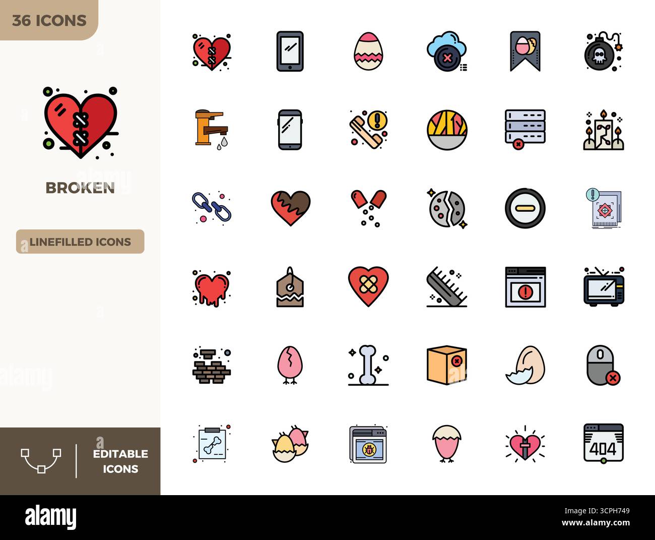 Verwandeln Sie Ihre Designs mit 36 flachen, linearen Farbvektorsymbolen, die rund um „Broken“ entworfen wurden, in einer perfekten Auflösung von 128x128 PIXELN für maximale Klarheit Stock Vektor
