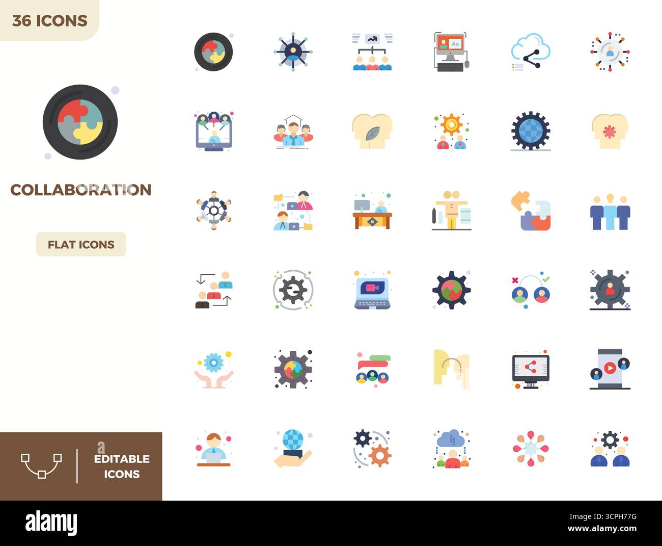 Premium-Sammlung von 36 flachen Farbvektorsymbolen für die Zusammenarbeit, akribisch gefertigt in einer perfekten Auflösung von 128x128 PIXELN für überragende visuelle impac Stock Vektor