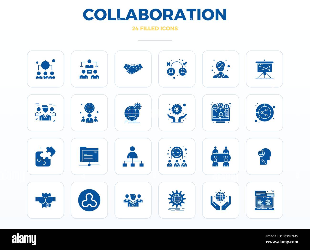 Verwandeln Sie Ihre Konstruktionen mit 24 SolidFill Vektorsymbolen rund um die Zusammenarbeit, die in einer perfekten Auflösung von 128x128 PIXELN für maximale Klarheit entwickelt wurden. Stock Vektor