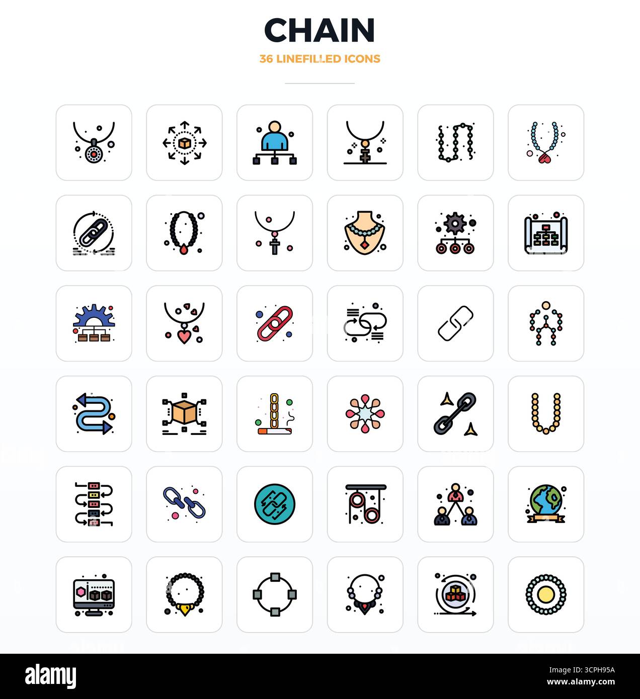 Optimierter Satz von 36 Vektorsymbolen für Chain in LineFill Ästhetik, mit einer perfekten Auflösung von 128x128 PIXELN für nahtlose Benutzererfahrungen. Stock Vektor