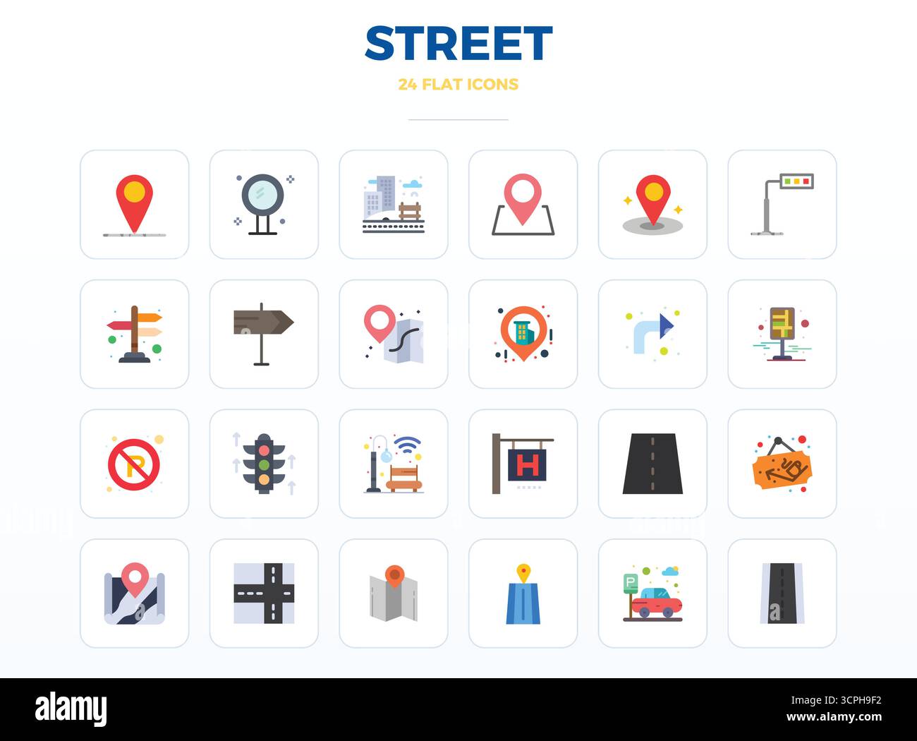 Ein dynamischer Satz von 24 Vektorsymbolen in Minimal Flat, speziell für Street mit 128x128 PIXELN, perfekt für digitale Produkte geeignet. Stock Vektor