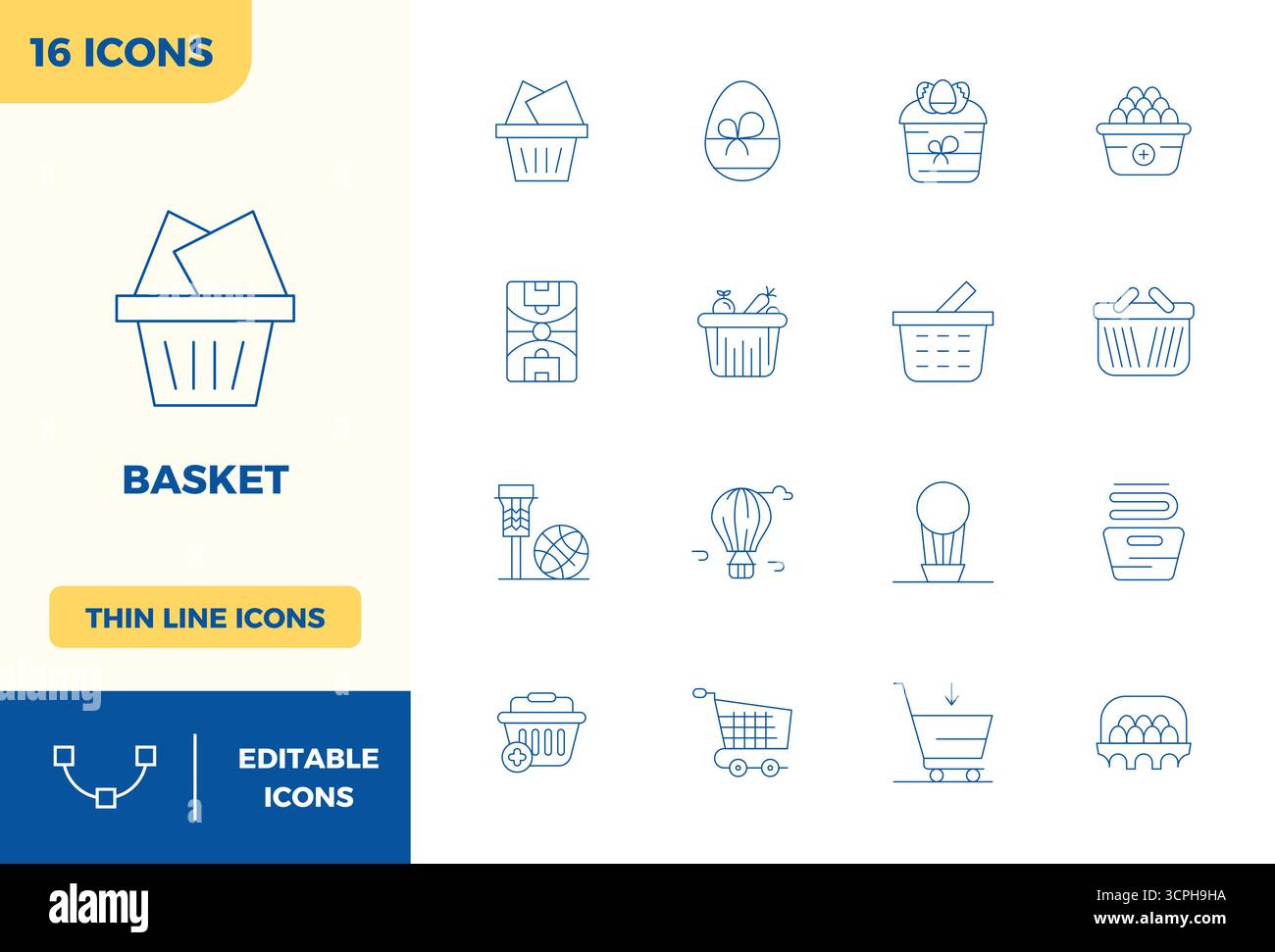 Ultimative Sammlung von 16 Vektorsymbolen, die Korb in Minimal Line Ästhetik darstellen, optimiert mit einer perfekten Auflösung von 128x128 PIXELN für maximale impa Stock Vektor
