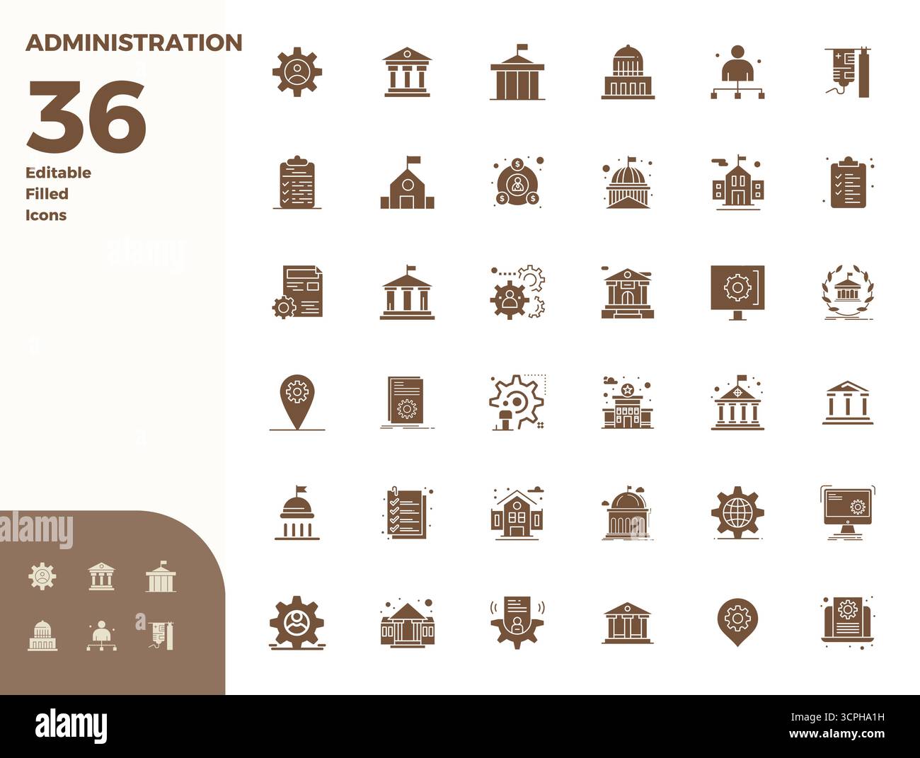 Entdecken Sie ein Set von 36 Glyph-gefüllten Vektorsymbolen, die speziell für das Administrationsthema entwickelt wurden, mit 128x128 PIXELN, ideal für moderne UI/UX PR Stock Vektor