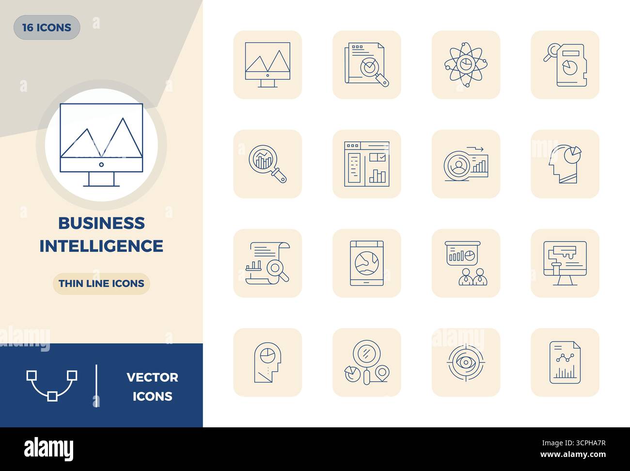 Entdecken Sie 16 Thin Line PIXEL Perfect Vektorsymbole in 128x128 Auflösung, inspiriert von Business Intelligence. Perfekt für Web- und App-Schnittstellen. Stock Vektor