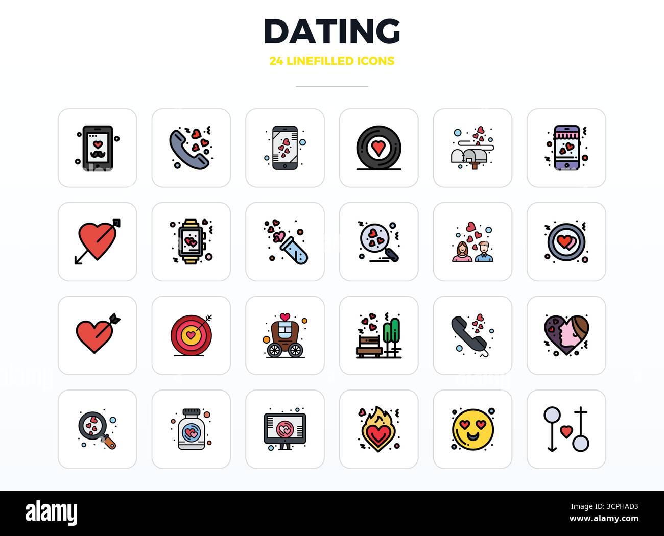 Raffiniertes Paket mit 24 LineFill-Vektorsymbolen für Datierungen, optimiert mit 128x128 PIXELN perfekte Qualität für elegante und funktionale Designlösungen Stock Vektor