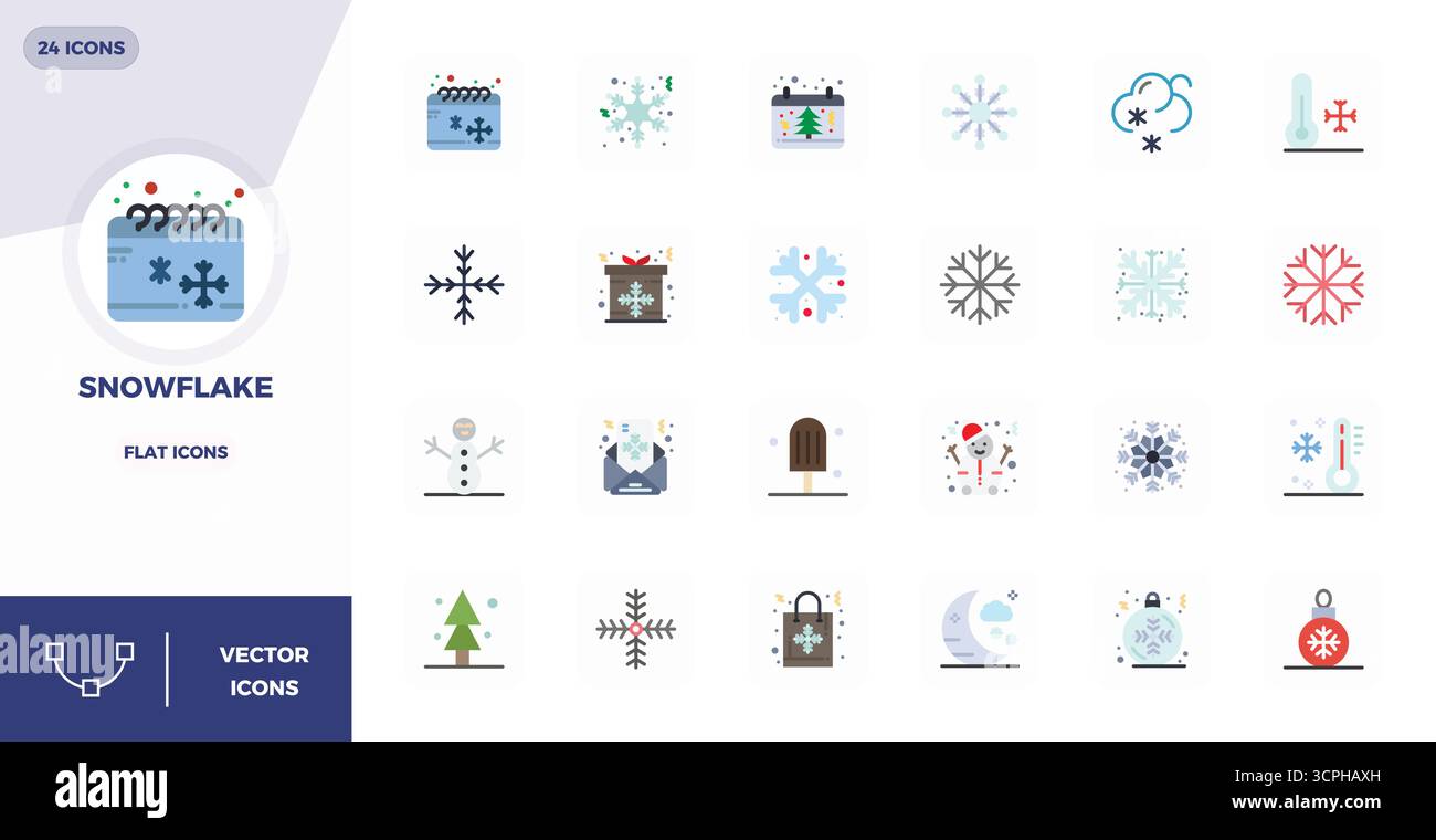 Professionelle Sammlung von 24 flachen Vektorsymbolen, die Snowflake darstellen, gefertigt mit 128x128 PIXELN perfekter Präzision für Unternehmensanwendungen Stock Vektor