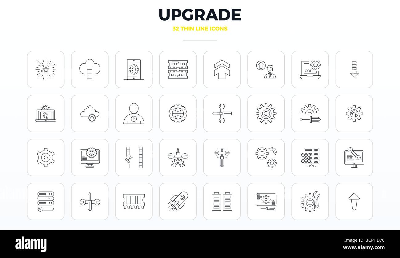 Professionelle Sammlung von 32 Thin Outline-Vektorsymbolen, die Upgrade darstellen, gefertigt mit 128x128 PIXELN perfekter Präzision für Unternehmensanwendungen Stock Vektor
