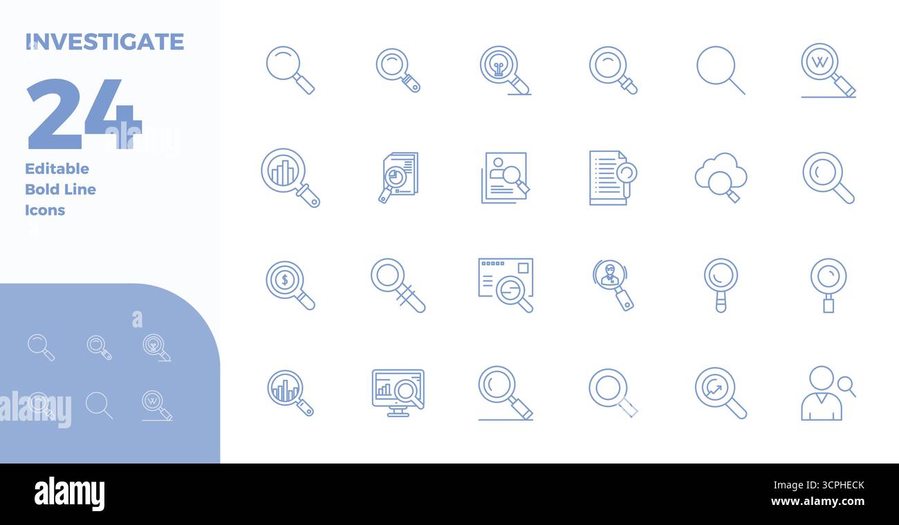 Raffiniertes Paket mit 24 Bold Line Vektorsymbolen für Untersuchungen, optimiert mit 128x128 PIXEL perfekte Qualität für elegantes und funktionales Design sol Stock Vektor