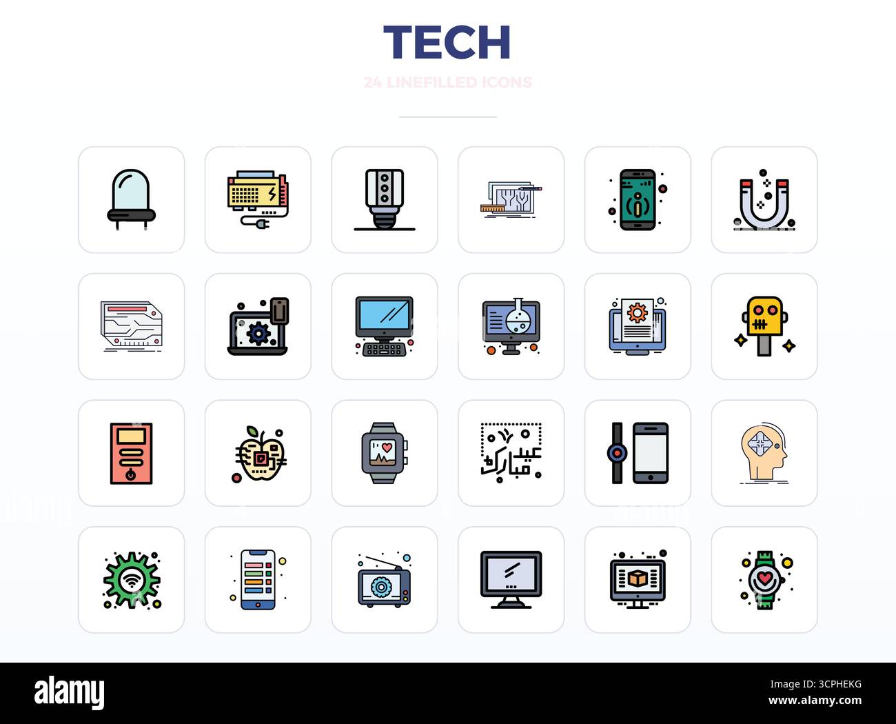 Ein vielseitiger Satz von 24 LineFill PIXEL Perfect Vektorsymbolen mit Fokus auf Technik, geliefert im gestochen scharfen Format 128x128, ideal für mobile und Web-Anwendungen. Stock Vektor