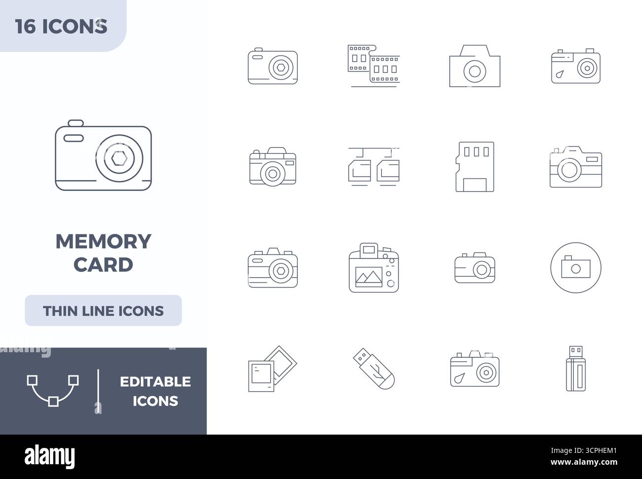 Dieser Satz von 16 Minimal Line Vektor-Symbolen erfasst Speicherkarten-Designs in perfekter Qualität mit 128x128 PIXELN, perfekt für technische und geschäftliche Anwendungen. Stock Vektor
