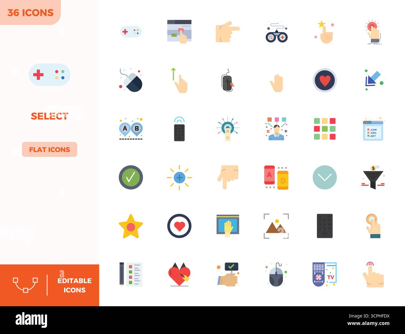 Premium-Kollektion von 36 Flat Color Vektor-Symbolen für Select, akribisch gefertigt in einer perfekten Auflösung von 128x128 PIXELN für überragende visuelle Wirkung. Stock Vektor