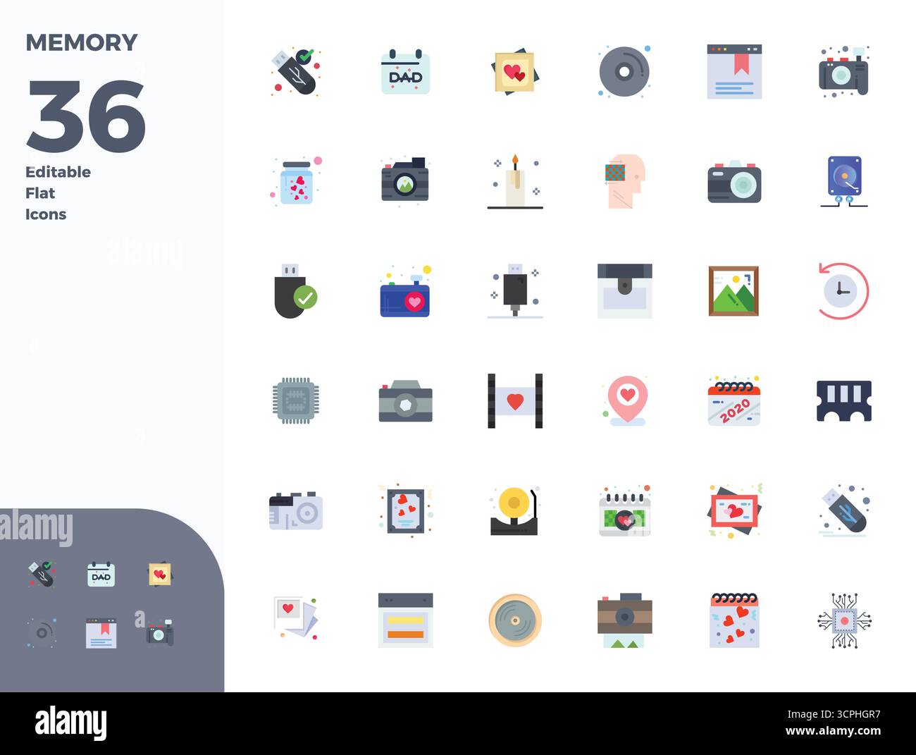 Laden Sie 36 skalierbare flache Vektorsymbole herunter, die speziell für den Speicher entwickelt wurden. Sie bieten eine Auflösung von 128x128 PIXEL, die für professionelle und kreative Projekte geeignet ist Stock Vektor