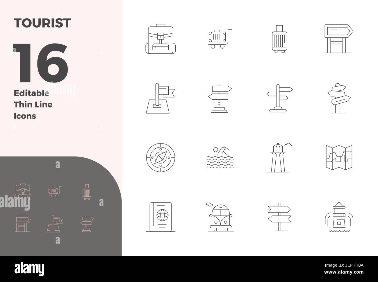 Umfassendes Paket mit 16 Vektorsymbolen im Thin Line Design für Touristen, in gestochen scharfer Qualität mit 128x128 PIXELN. Stock Vektor