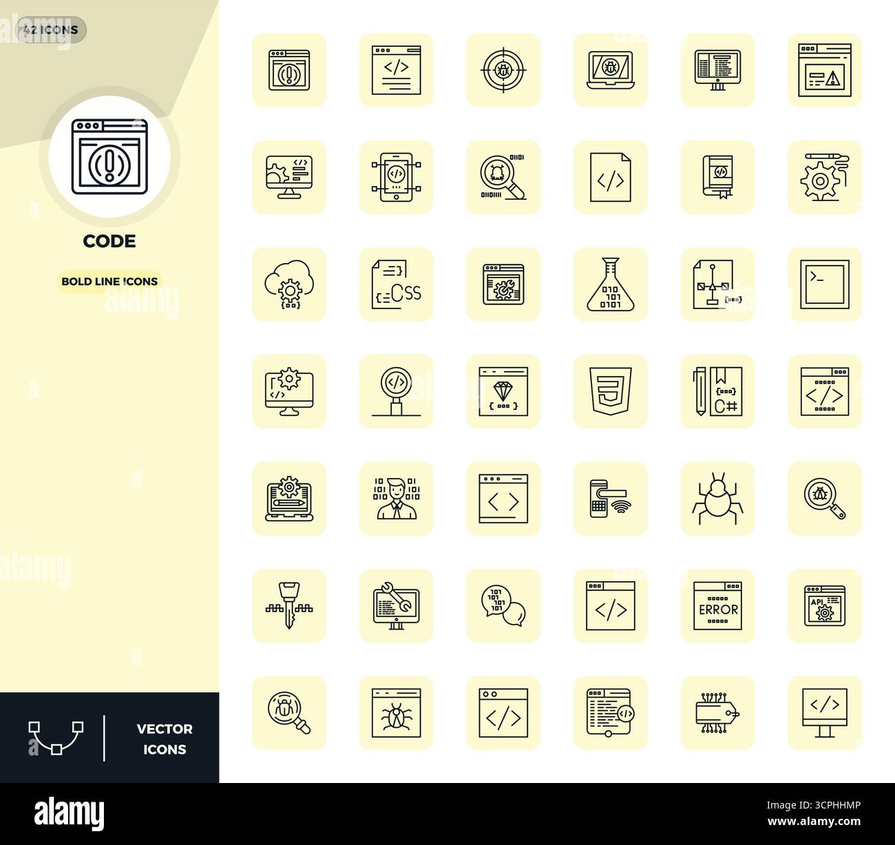 Handgefertigte Kollektion mit 42 Bold-Line-Vektorsymbolen für Code, optimiert in einer Auflösung von 128x128 PIXELN für erstklassige digitale Erlebnisse. Stock Vektor