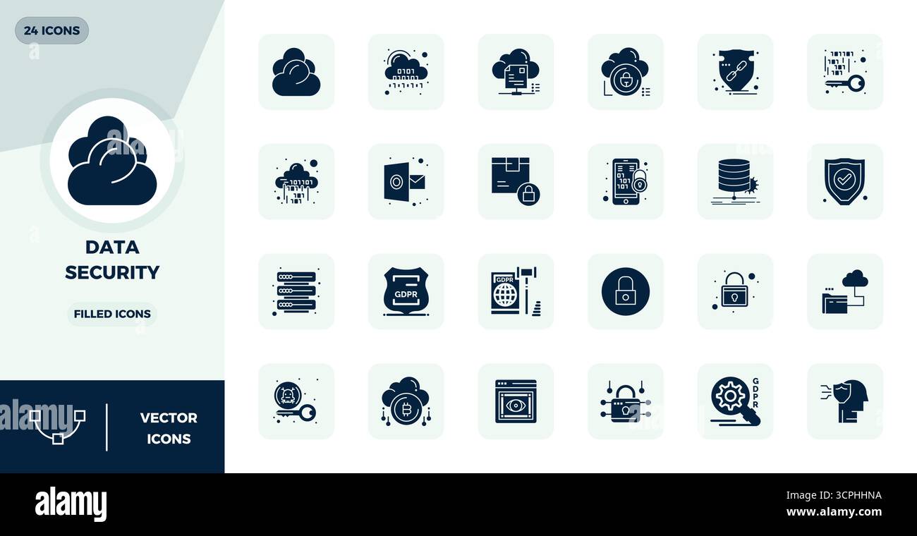 Zeitgenössische Sammlung von 24 Vektorsymbolen, die Datensicherheit in voller Ästhetik darstellen, mit einer perfekten Auflösung von 128x128 PIXELN für moderne Anwendungen Stock Vektor