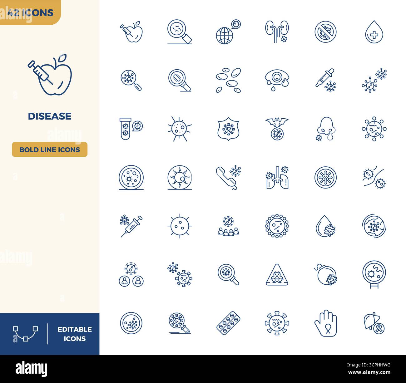 Ausgeklügeltes Paket von 42 Heavy Line Vektor-Symbolen für Krankheiten, entwickelt mit 128x128 PIXEL perfekte Klarheit für professionelle Anwendungen. Stock Vektor