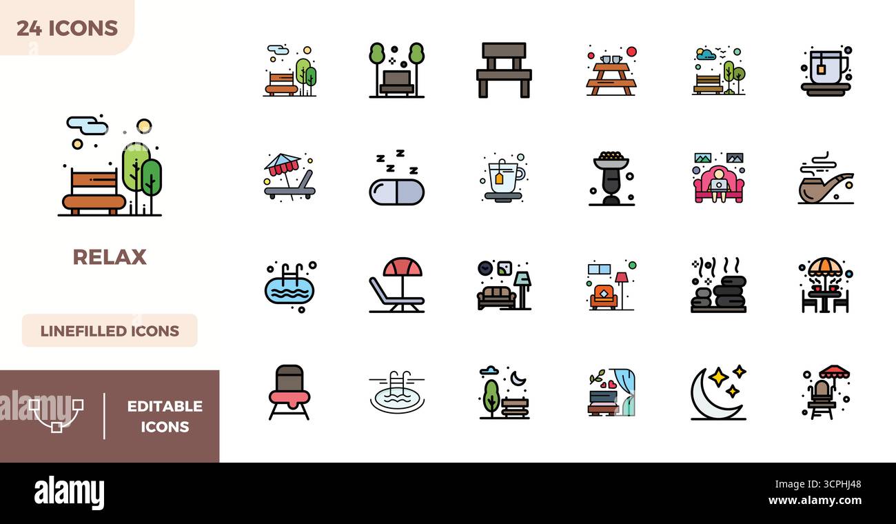 Essential Pack mit 24 PIXEL Perfect Vektorsymbolen für Entspannung im flachen linearen Farbformat, Größe 128x128 für optimale Leistung und Skalierbarkeit. Stock Vektor