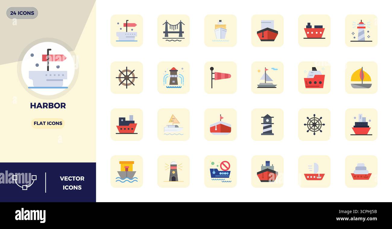 Essential Pack mit 24 PIXEL Perfect Vektorsymbolen für Harbor im Flat-Format, Größe 128x128 für optimale Leistung und Skalierbarkeit. Stock Vektor