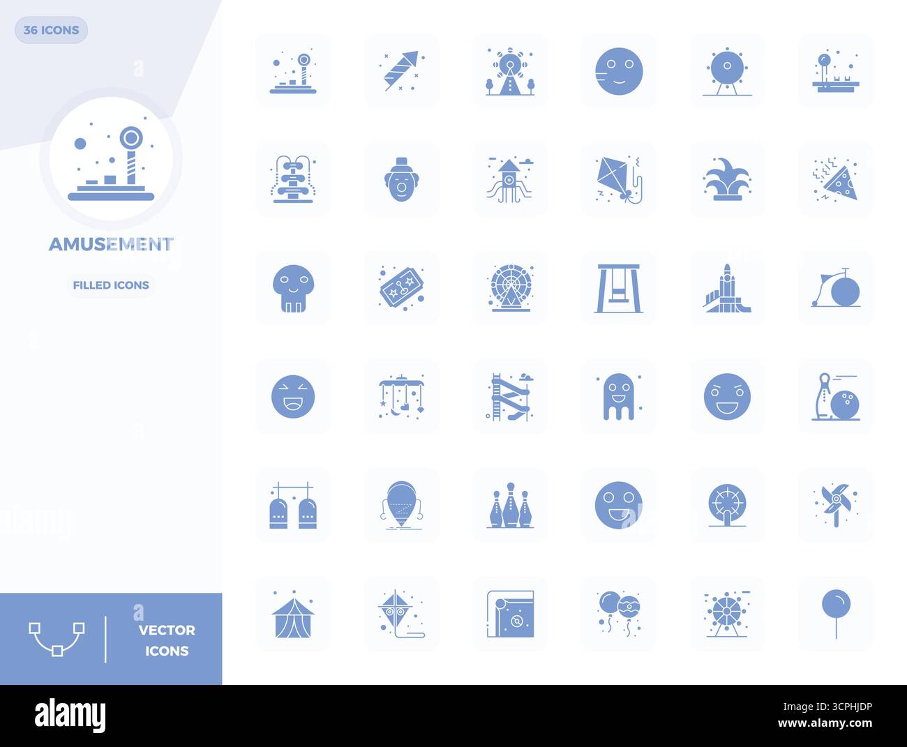Intelligent gestaltete 36 PIXEL perfekte Vektorsymbole, inspiriert von Amusement, erstellt im gefüllten Format bei 128x128 für intelligentes und effizientes Design Stock Vektor