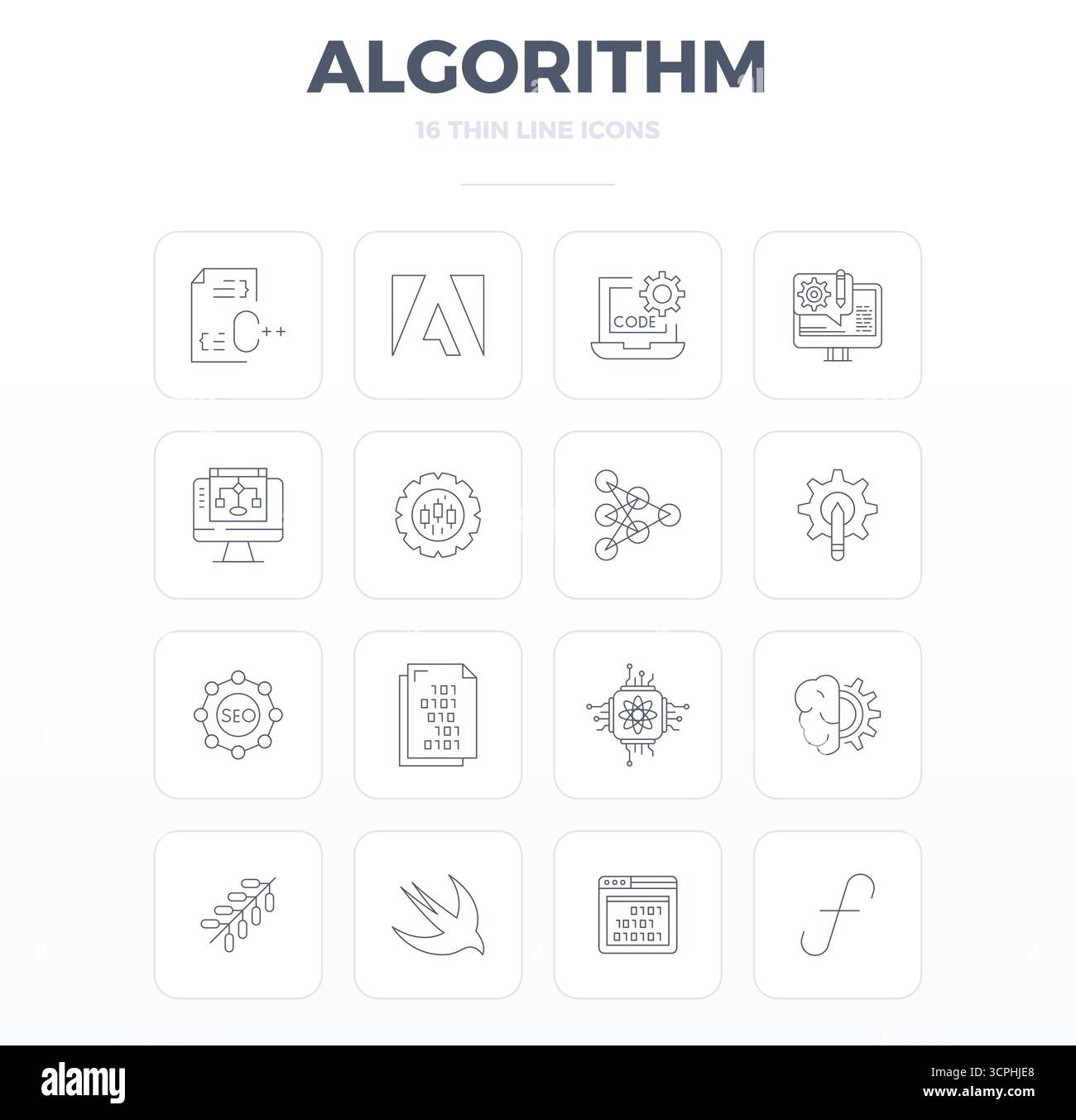 Hochmodernes Bundle mit 16 PIXELN Perfect Vektorsymbolen, inspiriert vom Algorithmus, erstellt im Thin Outline-Format bei 128x128 für die nächste Generation i Stock Vektor