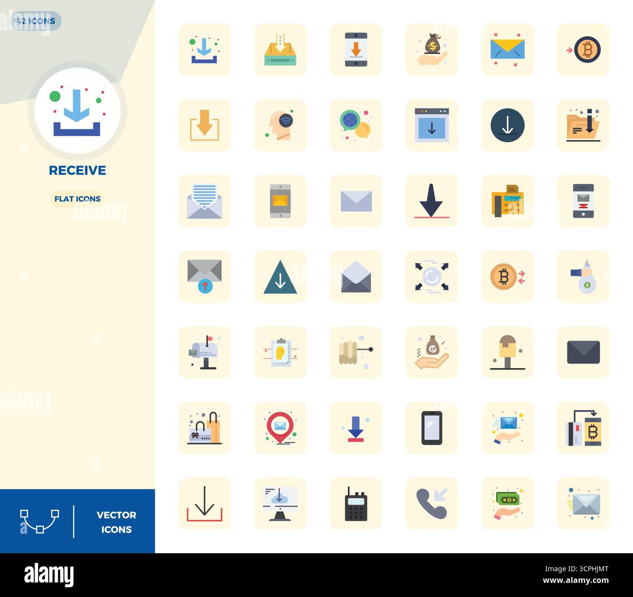 Kunstvoll gestaltete 42 Flat PIXEL Perfect Vektor-Symbole für Empfang, geliefert im Format 128x128 für konsistente visuelle Exzellenz. Stock Vektor