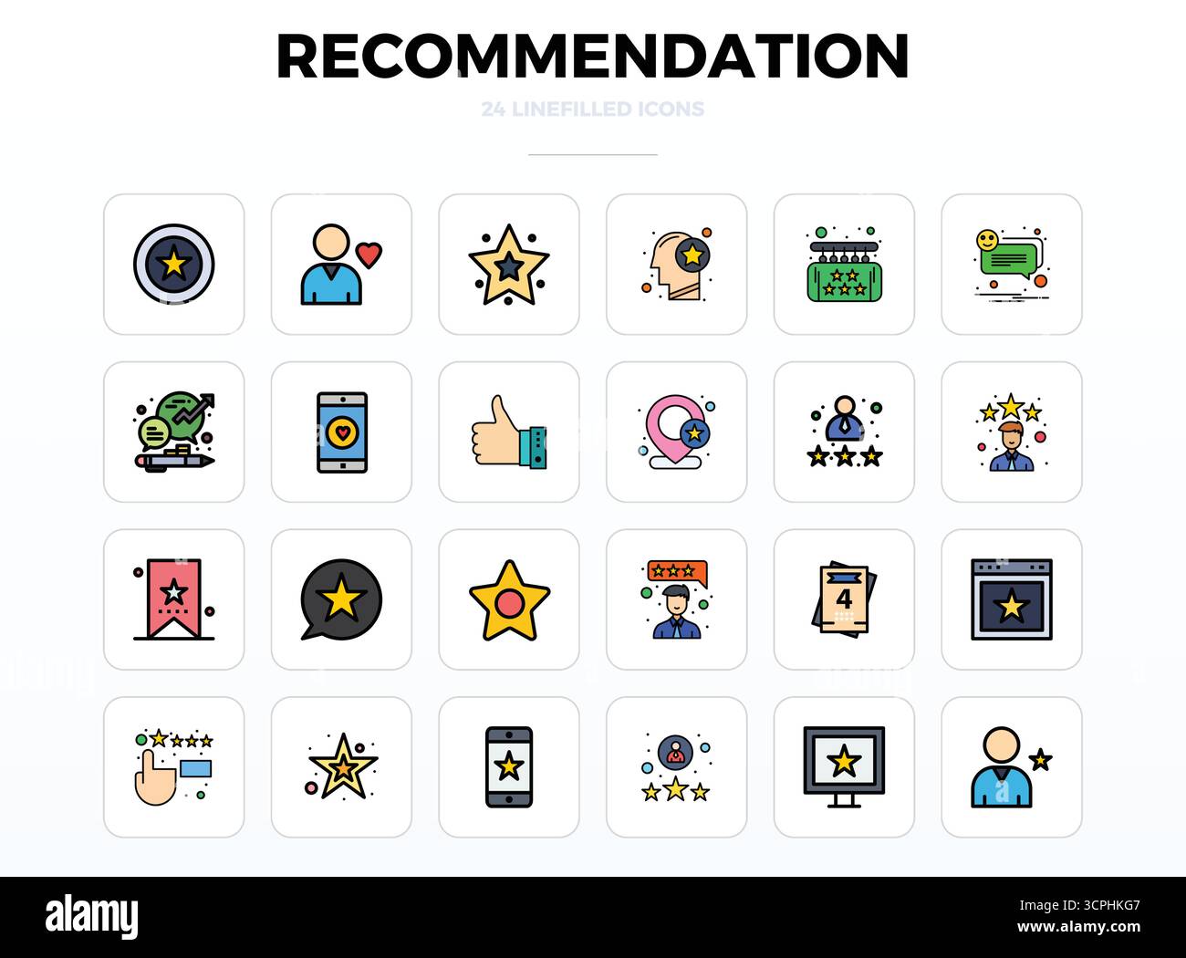 Umfassendes Toolkit mit 24 Vektorsymbolen, die sich um die Empfehlung drehen, entwickelt in LineFill mit 128x128 PIXELN perfekter Präzision für vielseitiges Design Stock Vektor