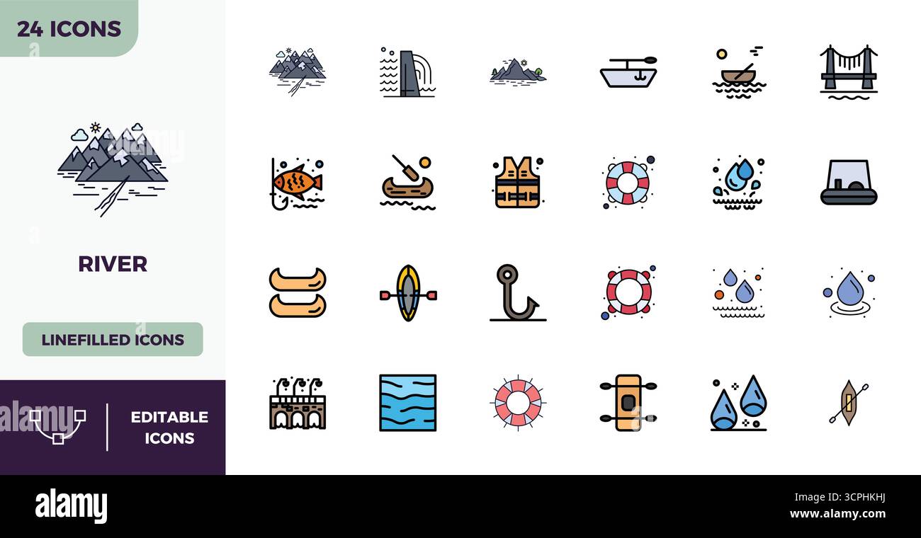 Außergewöhnliche Sammlung von 24 flachen linearen Farbvektorsymbolen für River, geliefert in einer perfekten Auflösung von 128x128 PIXELN für unvergleichliche visuelle Exzellenz Stock Vektor