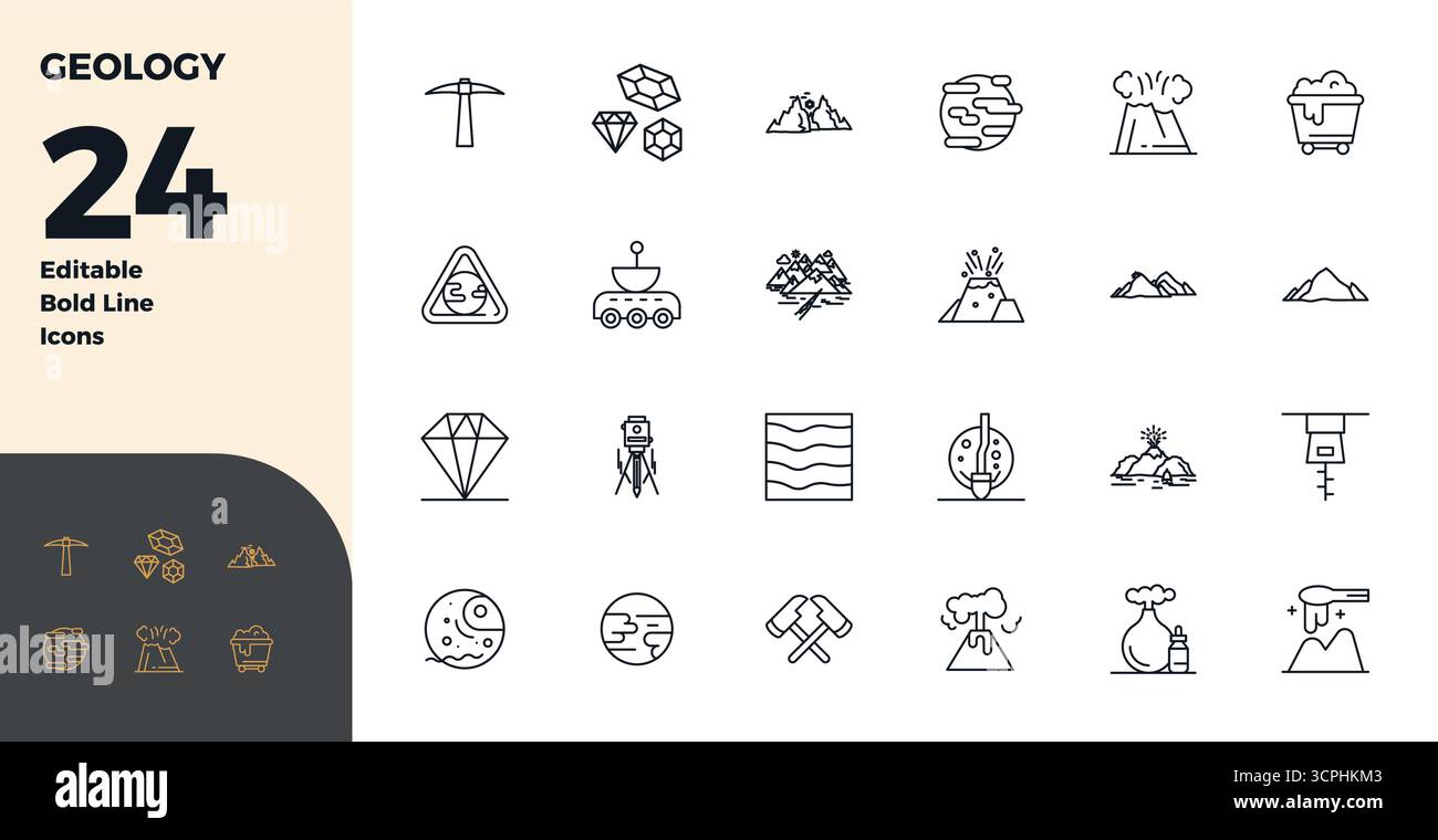 Zeitgenössische Sammlung von 24 Vektorsymbolen, die Geologie in Bold Line-Ästhetik repräsentieren, mit 128x128 PIXEL perfekter Auflösung für moderne Anwendungen Stock Vektor